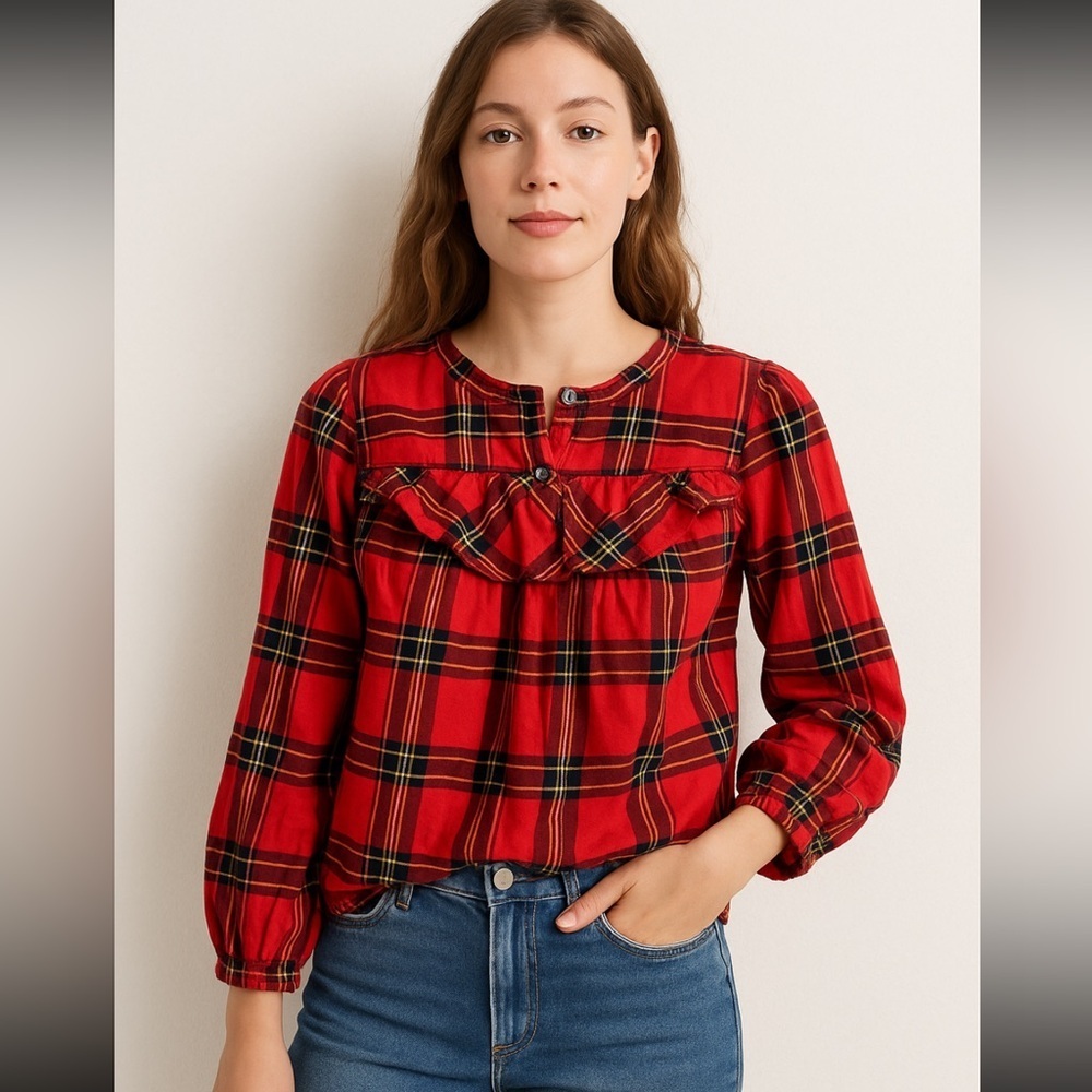 J.Crew Women’s XS Red Plaid Ruffle Flannel Top Tartan Cotton Shirt Cottagecore